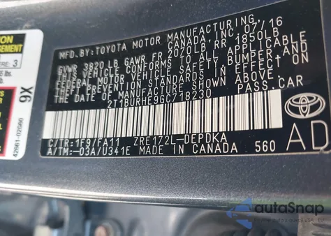 2016 Toyota Corolla L from USA, damaged, VIN 2T1BURHE9GC718230